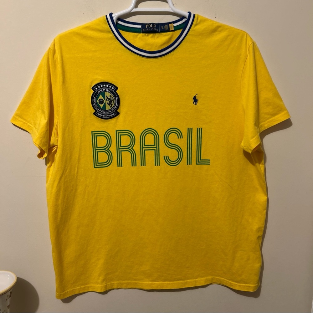 Polo Ralph Lauren Brasil T Shirt Men's XL Yellow Blokecore Logo Emblem Sports